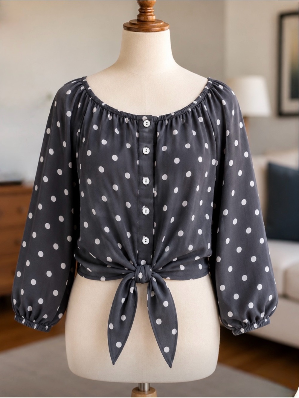 Neblina Gray White Polka Dot Tie Front Blouse Peasant Top M/L